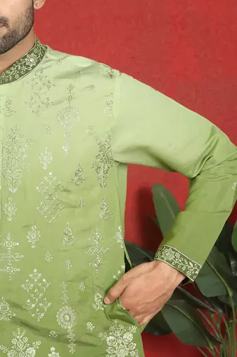 ethnic ombre cotton silk embroidered thread work green kurta