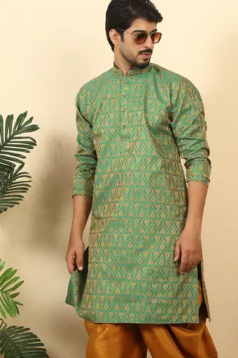 silk blend jacquard paisley green kurta