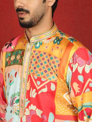 cotton silk floral printed anchor neck work mustard kurta 2