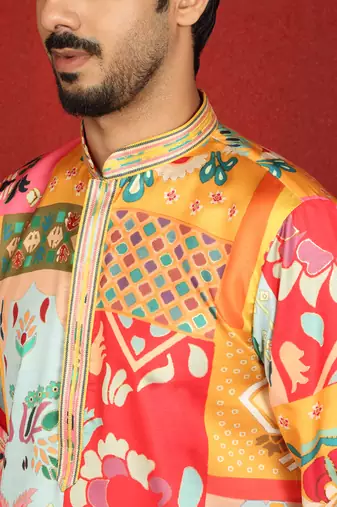 cotton silk floral printed anchor neck work mustard kurta