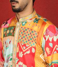 cotton silk floral printed anchor neck work mustard kurta