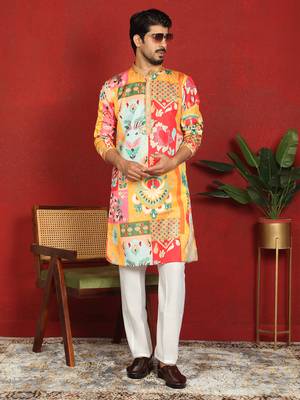 cotton silk floral printed anchor neck work mustard kurta 1