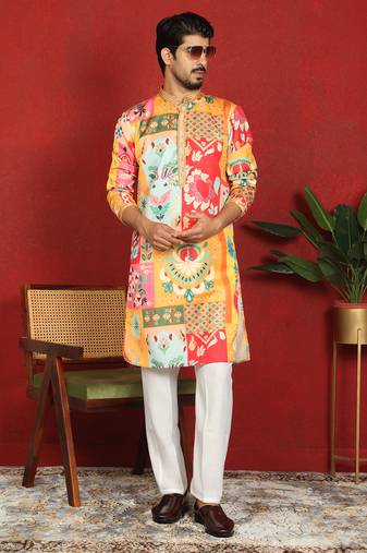 cotton silk floral printed anchor neck work mustard kurta