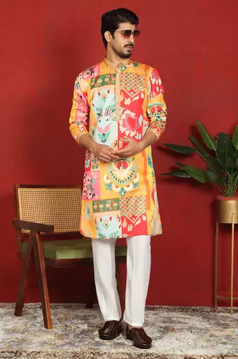 cotton silk floral printed anchor neck work mustard kurta