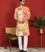 cotton silk floral printed anchor neck work mustard kurta