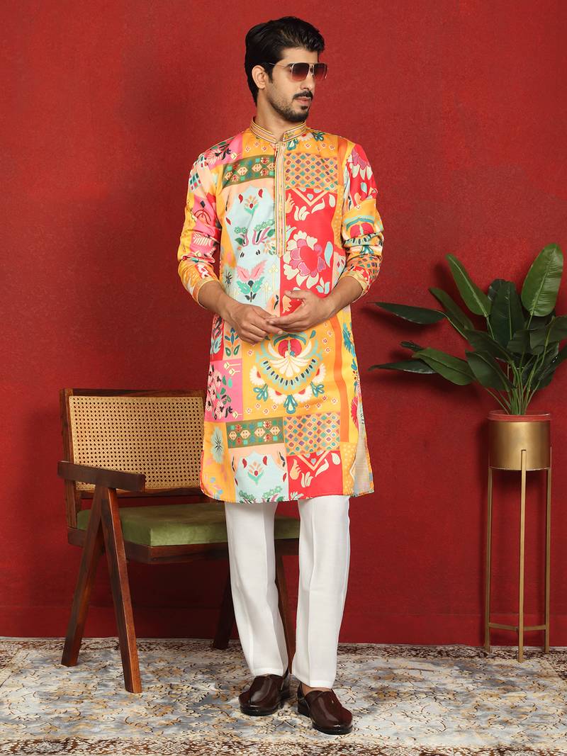 cotton silk floral printed anchor neck work mustard kurta