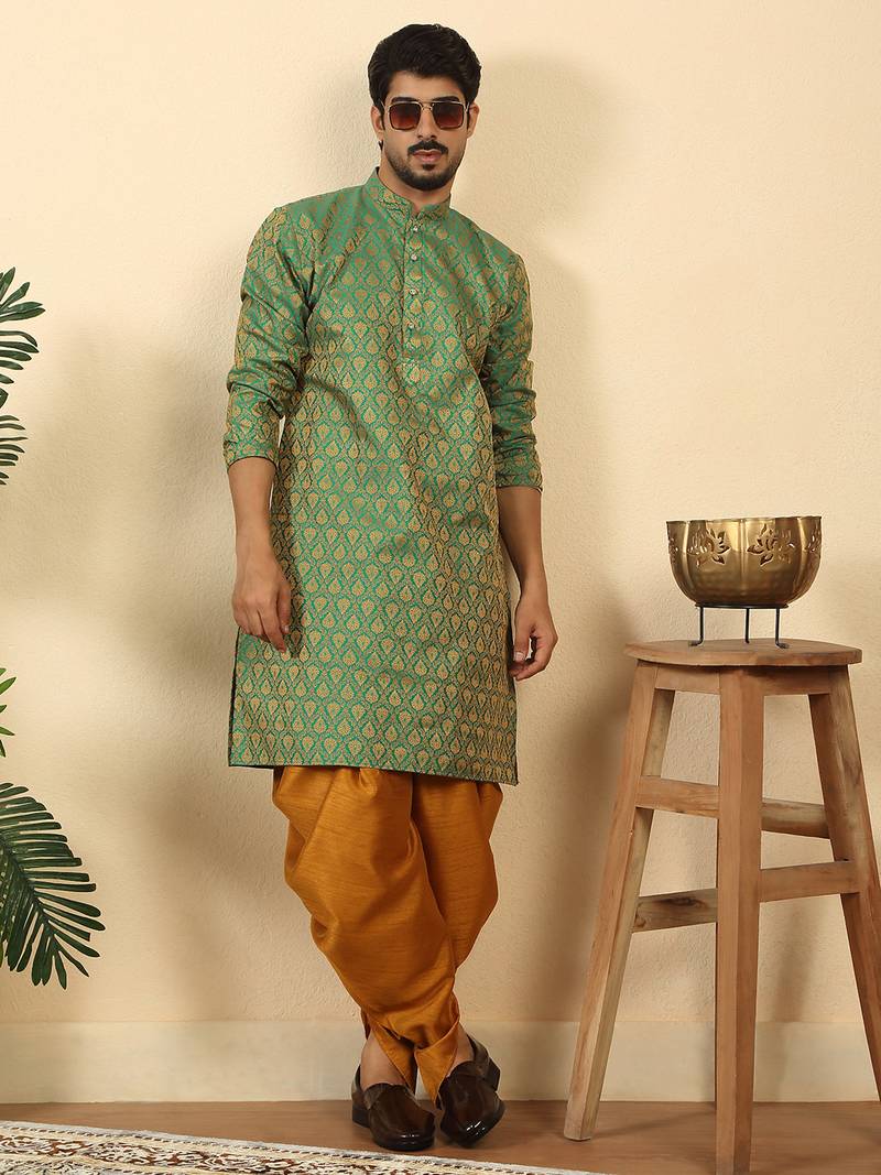 silk blend jacquard paisley green kurta