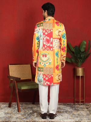 cotton silk floral printed anchor neck work mustard kurta 3