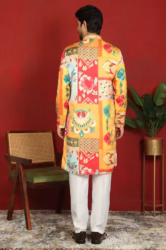 cotton silk floral printed anchor neck work mustard kurta