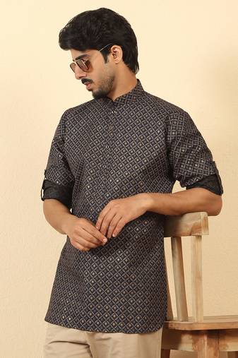 foil printed black roll-up sleeves short kurta