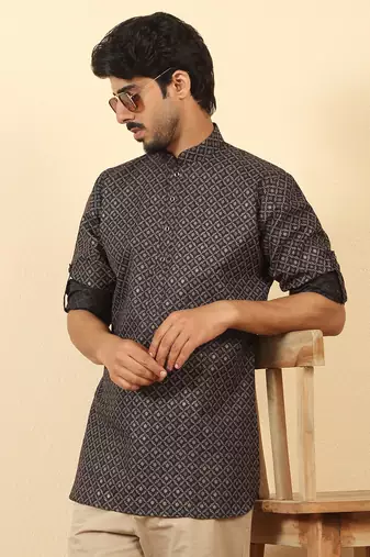 foil printed black roll-up sleeves short kurta