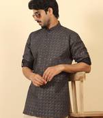 foil printed black roll-up sleeves short kurta