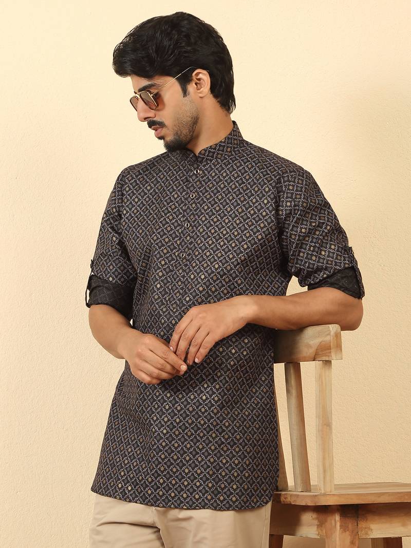 foil printed black roll-up sleeves short kurta