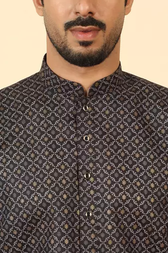 foil printed black roll-up sleeves short kurta