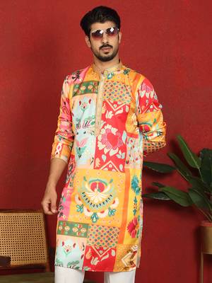cotton silk floral printed anchor neck work mustard kurta 5