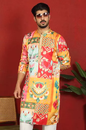 cotton silk floral printed anchor neck work mustard kurta