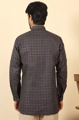 foil printed black roll-up sleeves short kurta