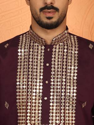 cotton silk zari embroidered yoke design wine kurta 2