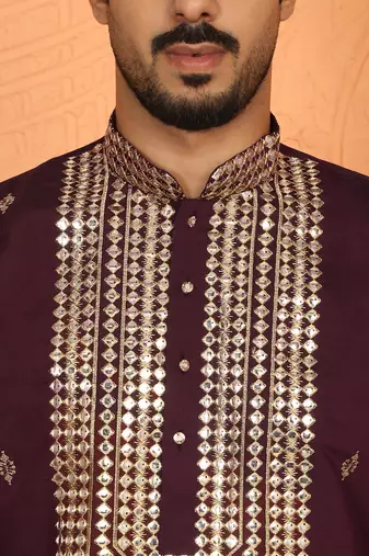 cotton silk zari embroidered yoke design wine kurta