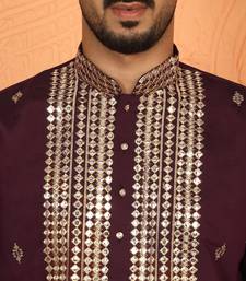 cotton silk zari embroidered yoke design wine kurta