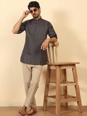 foil printed black roll-up sleeves short kurta 4