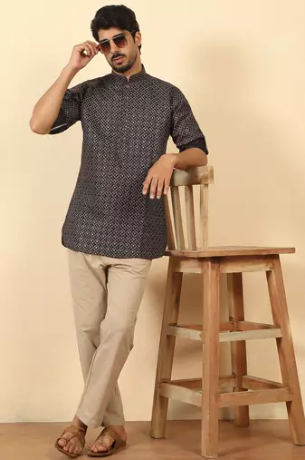 foil printed black roll-up sleeves short kurta
