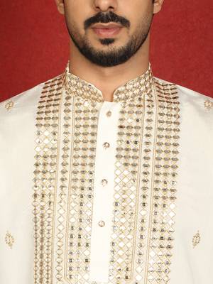 cotton silk zari embroidered yoke design cream kurta 2