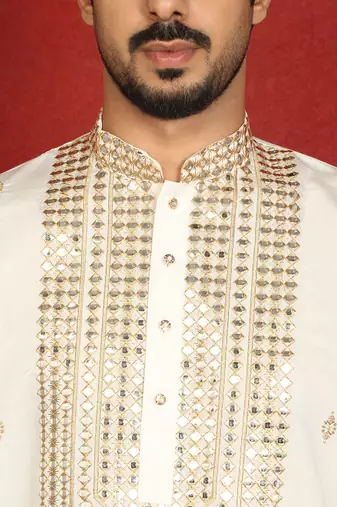 cotton silk zari embroidered yoke design cream kurta