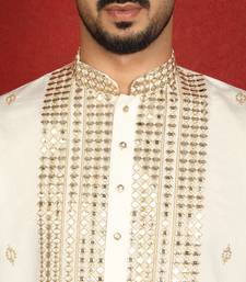 cotton silk zari embroidered yoke design cream kurta