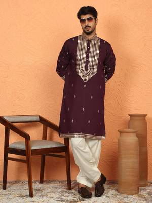 cotton silk zari embroidered yoke design wine kurta 3