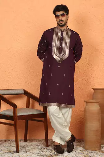 cotton silk zari embroidered yoke design wine kurta