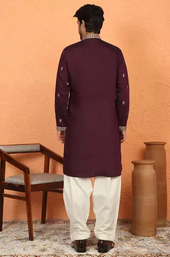 cotton silk zari embroidered yoke design wine kurta