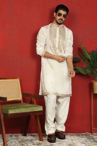 cotton silk zari embroidered yoke design cream kurta