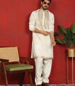 cotton silk zari embroidered yoke design cream kurta