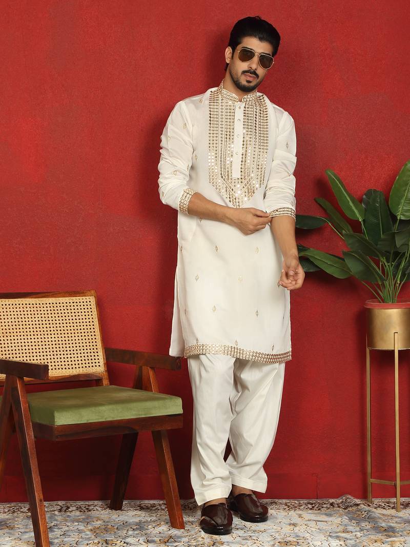 cotton silk zari embroidered yoke design cream kurta
