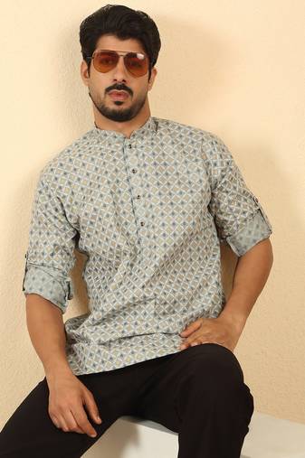 foil printed grey roll-up sleeves short kurta