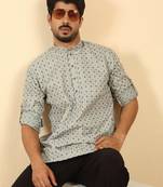 foil printed grey roll-up sleeves short kurta