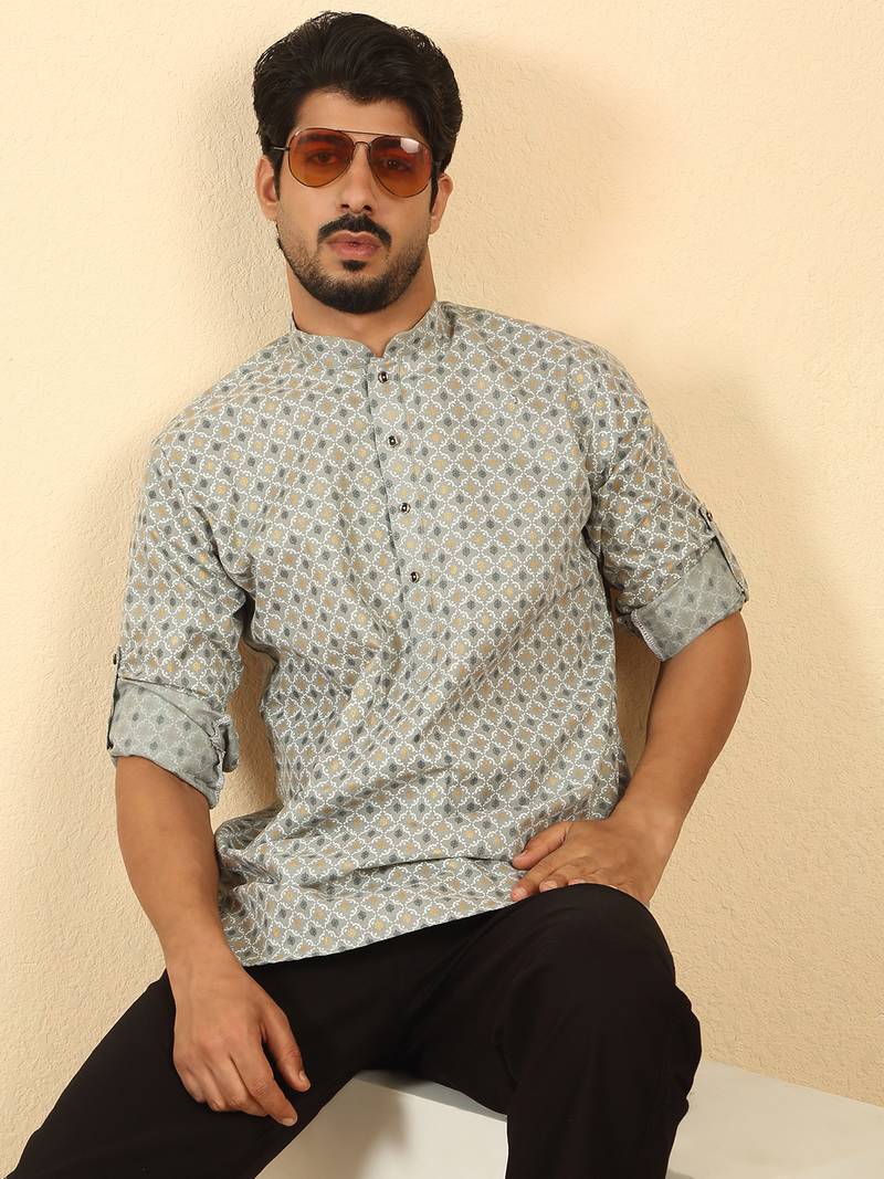 foil printed grey roll-up sleeves short kurta