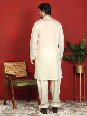 cotton silk zari embroidered yoke design cream kurta 3