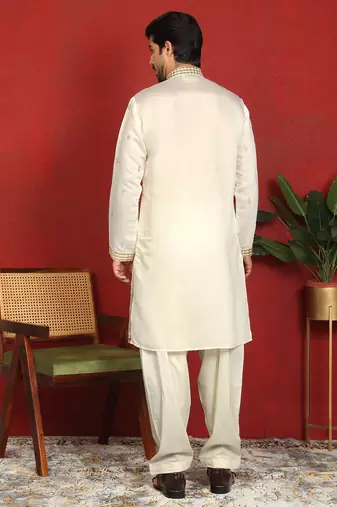 cotton silk zari embroidered yoke design cream kurta
