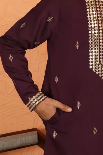 cotton silk zari embroidered yoke design wine kurta