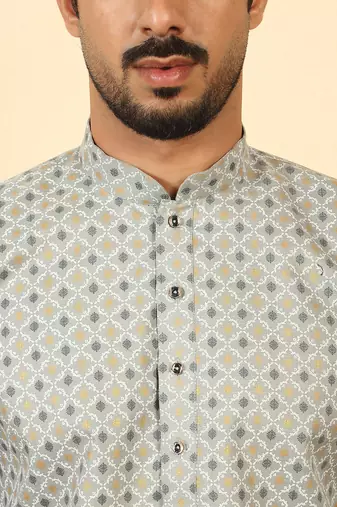 foil printed grey roll-up sleeves short kurta