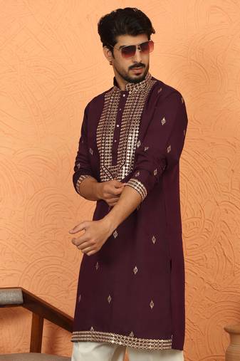 cotton silk zari embroidered yoke design wine kurta