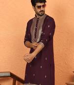cotton silk zari embroidered yoke design wine kurta