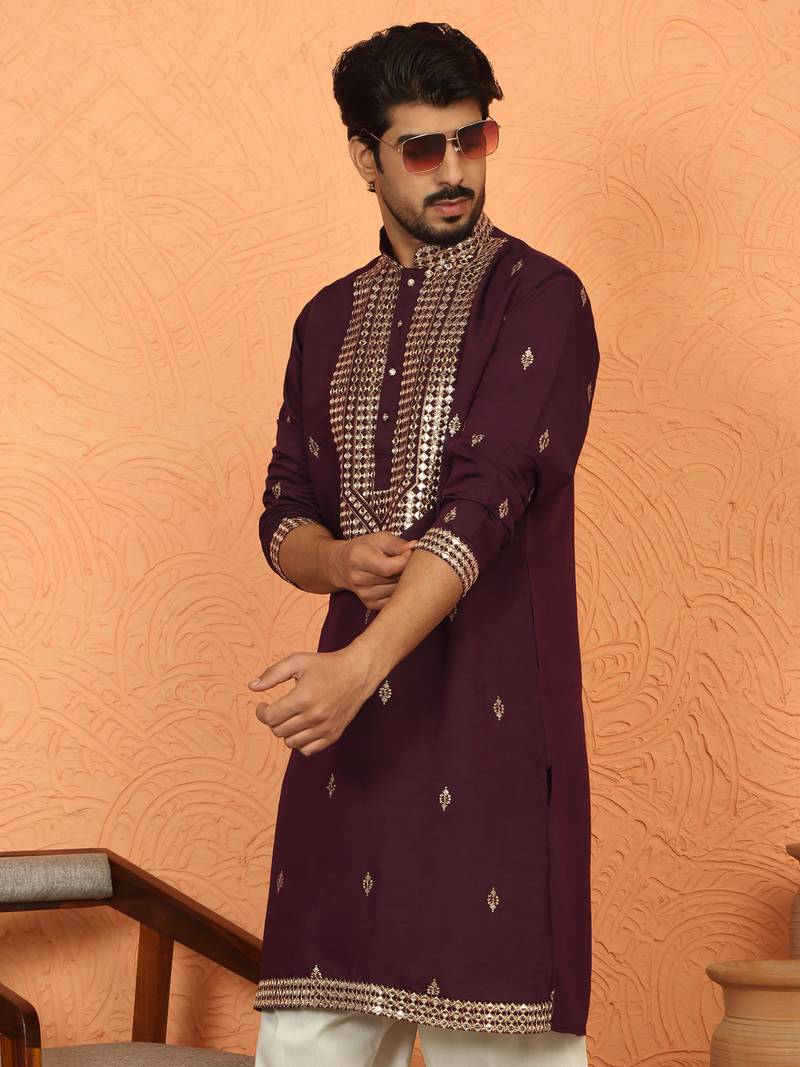 cotton silk zari embroidered yoke design wine kurta