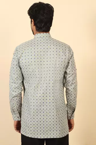 foil printed grey roll-up sleeves short kurta
