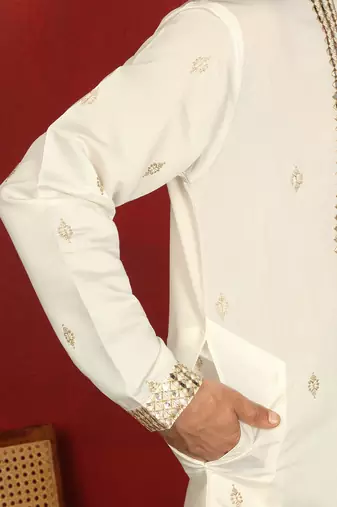cotton silk zari embroidered yoke design cream kurta