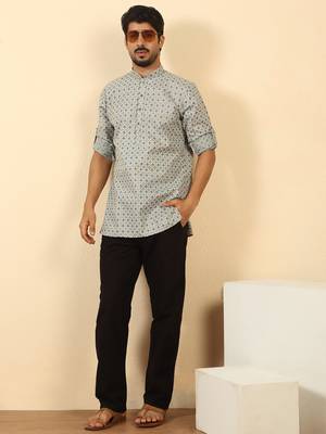 foil printed grey roll-up sleeves short kurta 4