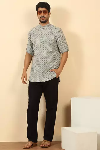 foil printed grey roll-up sleeves short kurta