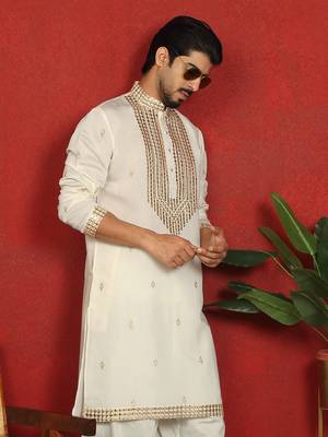 cotton silk zari embroidered yoke design cream kurta 5